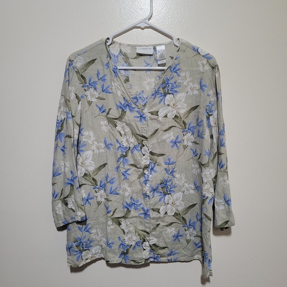 Liz Claiborne‎ Floral Blouse - Blue and White All Linen